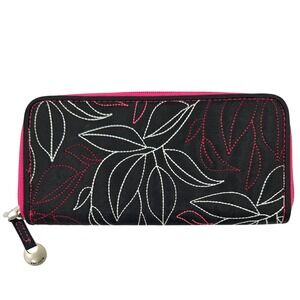 Travelon Safe ID RFID Blocking Zip Around Wallet Black Pink Embroidered Leaf